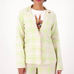 Studio Park X Vanessa Herring Women XL Khaki Lime Plaid Linen-Blend Blazer NWOT